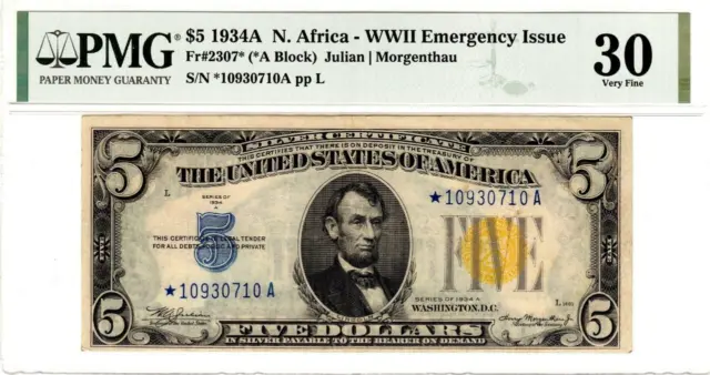 Fr. 2307* $5 1934A North Africa Silver Certificate. PMG Very Fine 30- GORGEOUS!