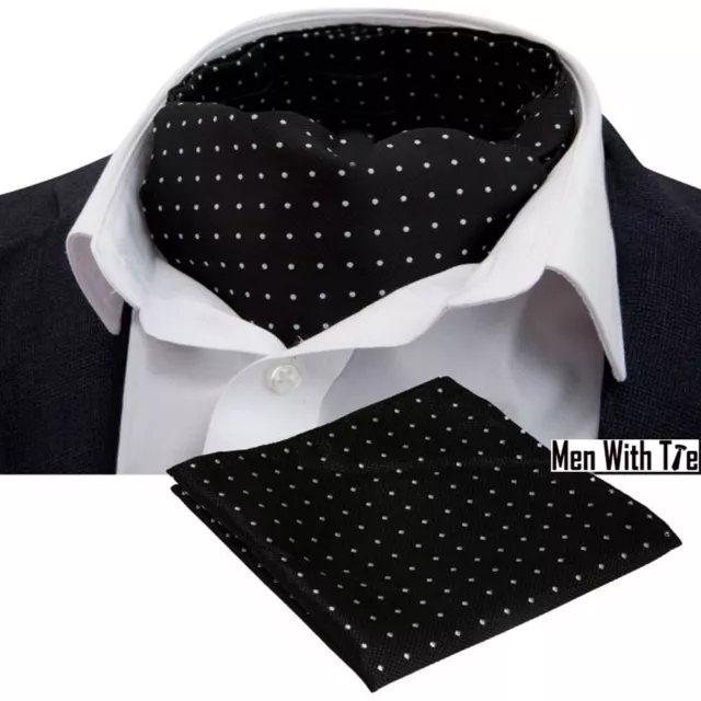 (LJA14)Silk Black Polka Dot Men Wedding Party Ascot Cravat Pocket Square Tie Set