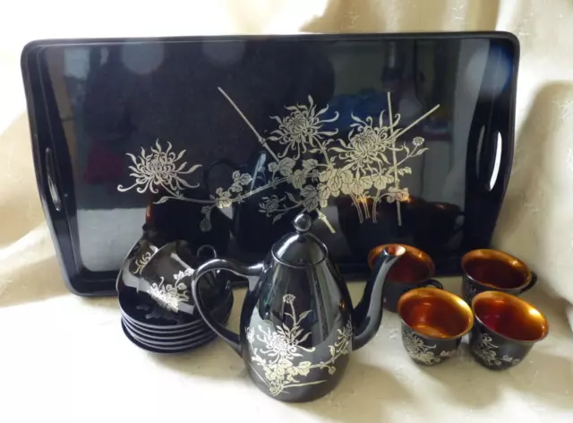 Antico Set Tarsio Caffè Argento Intarsio Giapponese Nero Giapponese Tazze Dischi C.1910