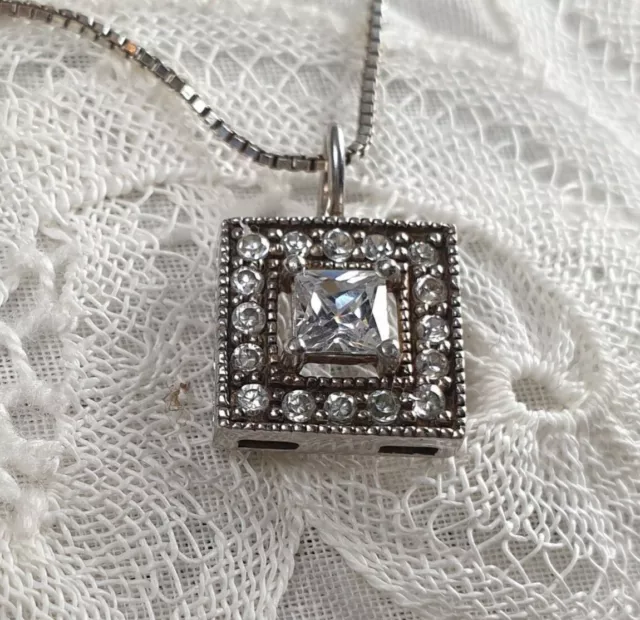 Art Deco Style Square Pendant Halo CZ Sterling Silver Necklace Pretty Signed