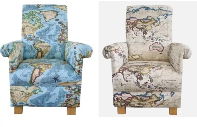 Adult Armchair Prestigious Atlas Fabric Chair Blue Cream Antique World Map Globe