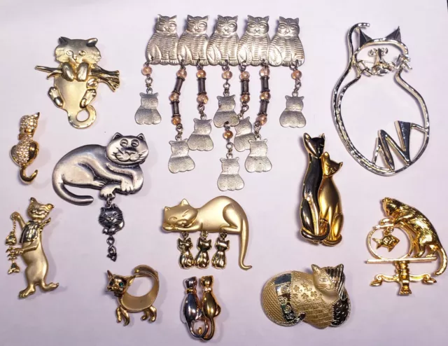 12 Piece Vintage and Modern Mixed Tone/Style Cat Brooch/Pin Lot