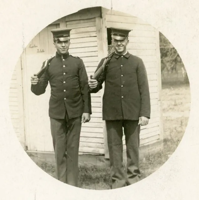 Two Armed Guards on Duty at an Outhouse Toilet  1910 RPPC