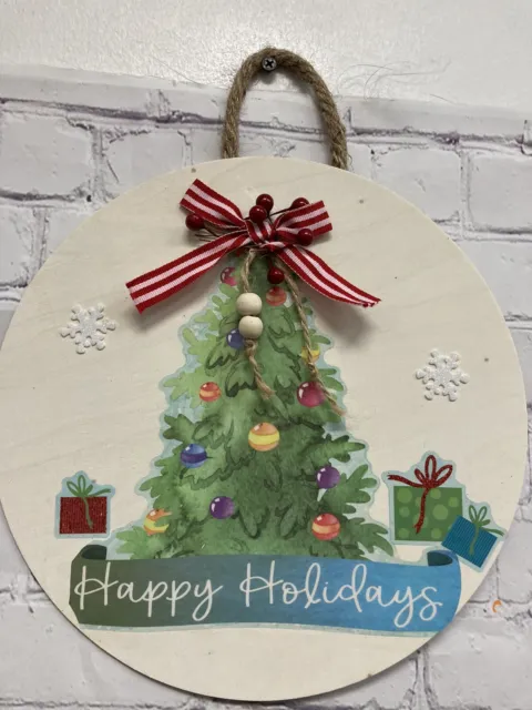 Happy Holidays Christmas Tree sign Wall Door wood handmade hanging round 14” New