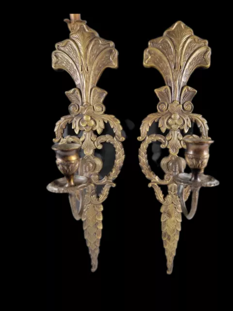 Set of 2 Vintage Ornate Solid Brass Taper Candle Stick 17" Wall Sconces India