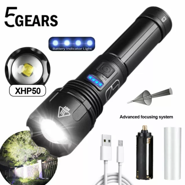 90000LM XHP50 LED Flashlight USB Rechargeable Zoom Torch Light Waterproof Lamp