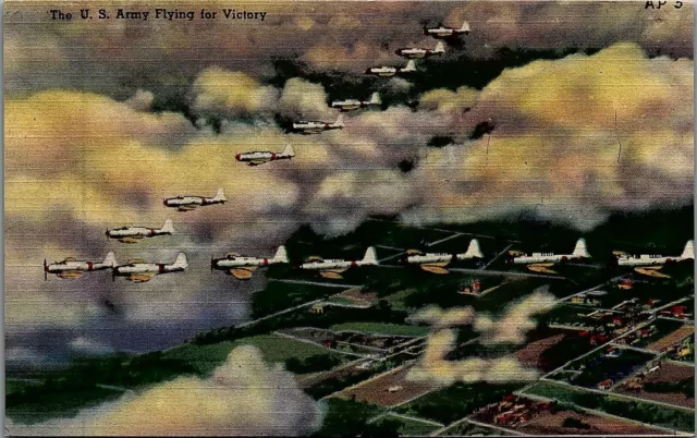 c1938 WWII US ARMY FIGHTER PLANES V FORMATION LINEN UNPOSTED POSTCARD 29-165
