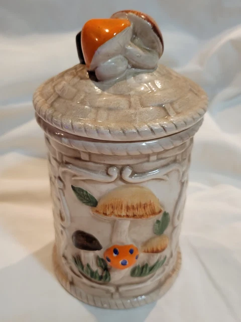 Hi Mark Ceramic Mushroom  Basket Weave Canister Jar Taiwan 7.5x4in Vintage 1970s