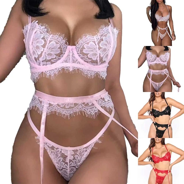 Donna Sexy Pizzo Floreale Reggiseno Push Up Set Tanga Giarrettiera Intimo Donna