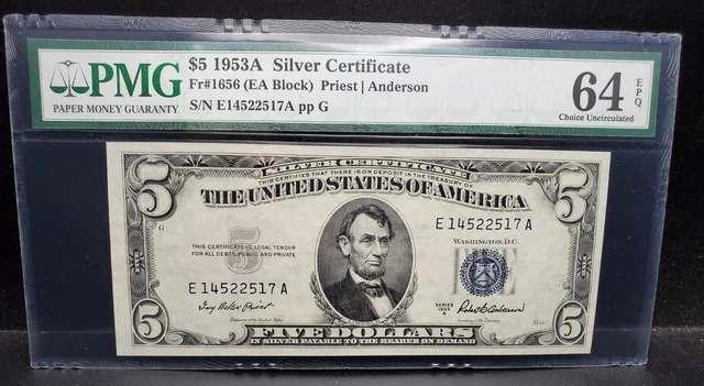 1953 A $5 Silver Certificate FR.1656 EA Block PMG 64 EPQ Choice Uncirculated