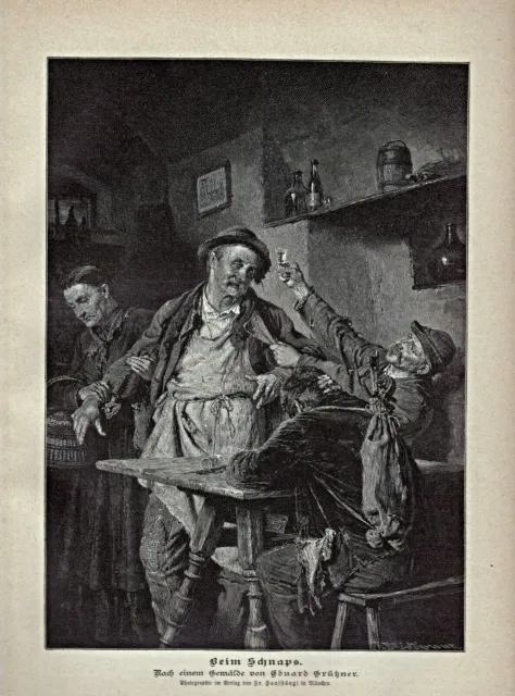 Eduard Grützner - Beim Schnaps im Gasthaus - Stich, Holzstich 1889