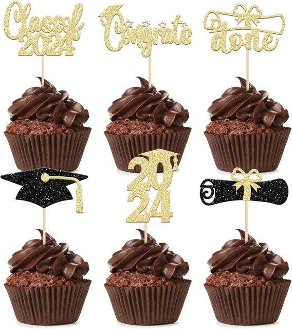 GRADUATION CUPCAKE TOPPERS 2024 Gold Glitter Class of 2024 Cupcake