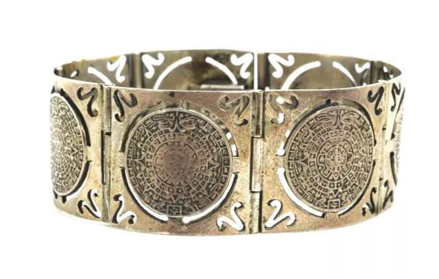 Vintage Taxco Mexico Sterling Silver Mayan Aztec Calendar Panel Link Bracelet JS