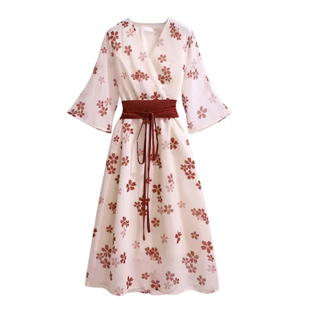 Lady Japanese Belted Dress Kimono Yukata Floral Sakura Printed V Neck Retro