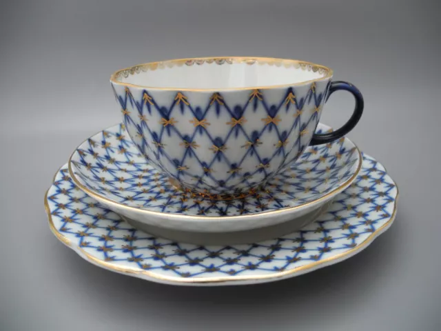 Lomonosov Teegedeck Kobaltnetz Goldrand Russia Tasse Untertasse Kuchenteller