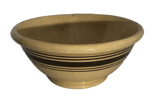 Antique Primitive Yellow Ware Brown Banded Large Mixing Bowl  14" Farmhouse