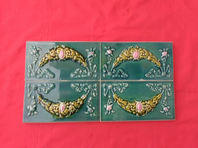 4 Piece Old Art Embossed Design Majolica Ceramic Tiles Japan 0100