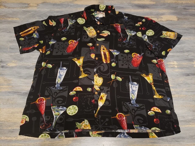 Vtg Black Paradise Found Men's XL Hawaiian Shirt Martini Cocktail Drink Tiki Bar