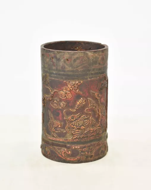 Antique Chinese Red & Gilt Hand Carved Bamboo Brush Pot / Pen Holder, 19th c