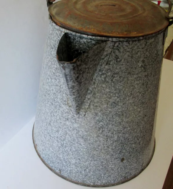 Antique Vintage Large Gray Enamel Graniteware Coffee Pot Steampunk Garden Art 2