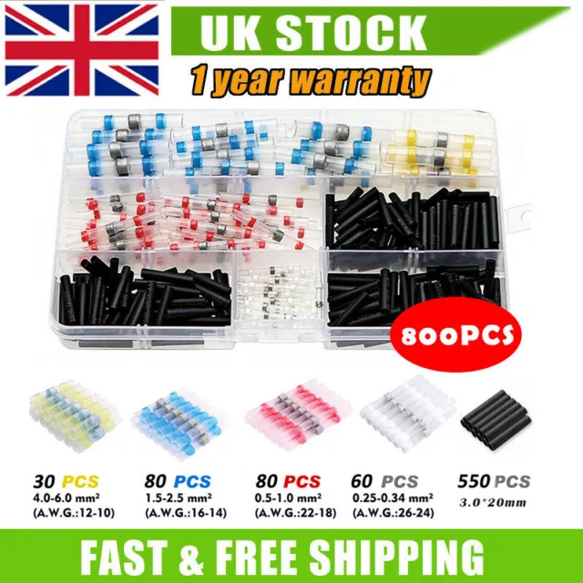 800x Waterproof Solder Seal Sleeve Heat Shrink Butt Wire Connectors Terminals