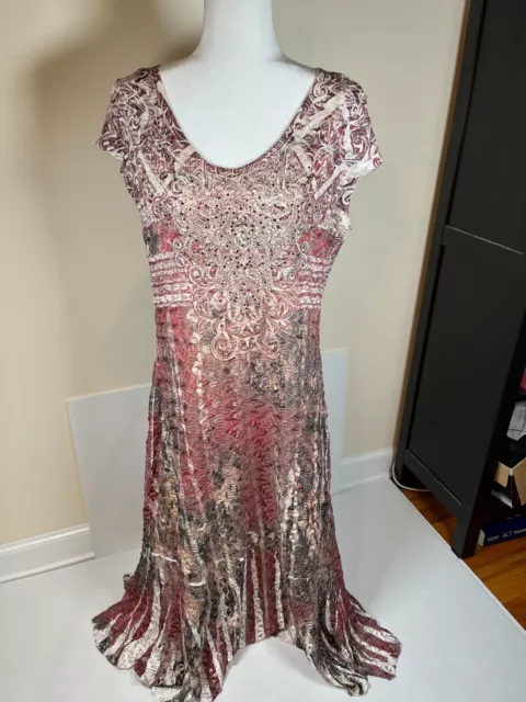 REBA Maxi Dress Womens Crochet Rhinestone Embroidered Boho Lined Red / Gray Sz L