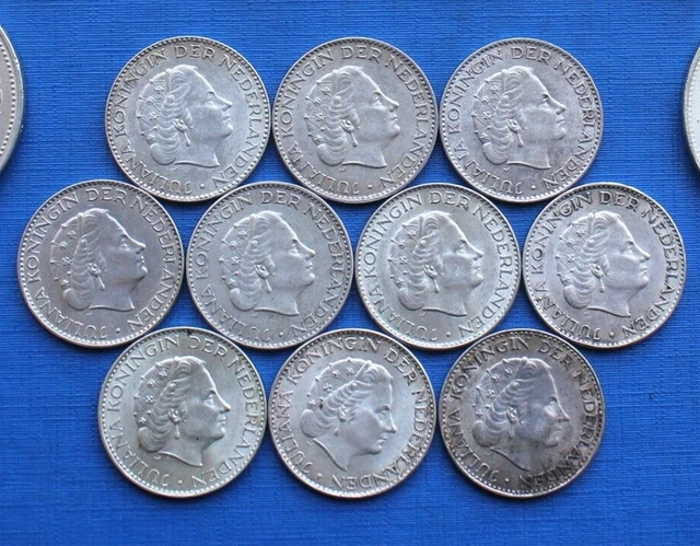 Lot / Série complète : 1 Gulden Juliana (Argent), Pays-Bas - 1954 à 1967 (BU)