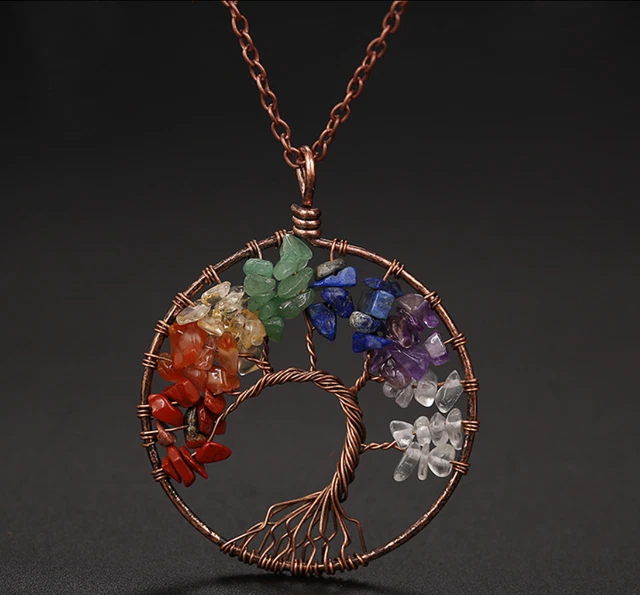 2PC Tree of Life Pendant Necklace 7 Chakra Natural Gemstone Crystal Stone Gold