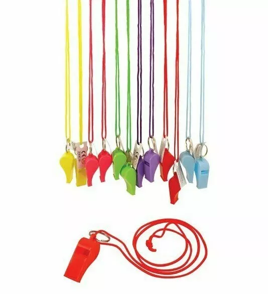 Neon Plastic Whistle Lanyard Cord Kids Party Pride Dog Train Referee Coach Toy