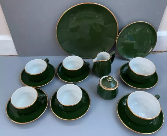Apilco French Bistro Chinaware Green & Gold 1980s Tea Cups Coffee Cups Saucers