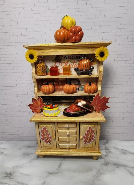 Dollhouse  Thanksgiving Miniature Hutch Cupboard 1:12 Scale Wood  OOAK Gold