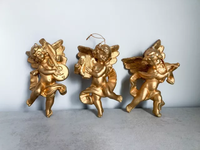 Large Vintage Gold Angel Christmas Tree Festive Ornaments x3