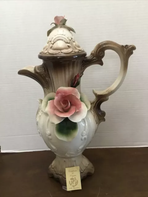 Nuova Capodimonte Pitcher Vase With Lid 18 In. Roses Italy 18” Footed Tags