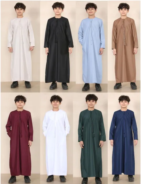 Boy's Thobe Emirati Omani Jubba Islamic Clothing Muslim Kaftan Eid String Tassel