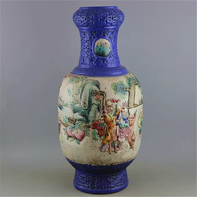 Estate China Freehand Sketching Qing Famille Rose Porcelain Figure Vase