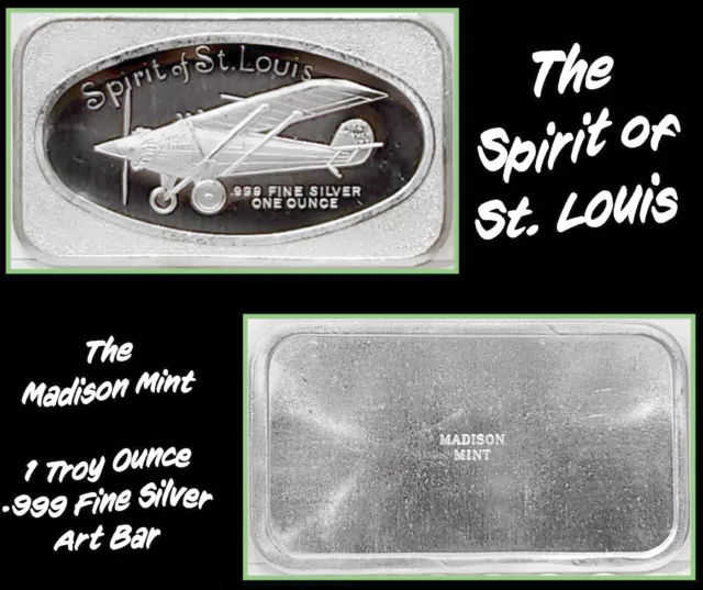 1977 SPIRIT OF ST. LOUIS 50TH ANNIVERSARY Madison Mint 1 oz. Silver Bar