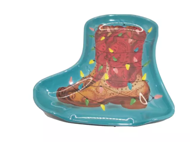 Pioneer Woman Christmas Spoon Rest Cowboy Boots with Lights Teal Brown Melamine