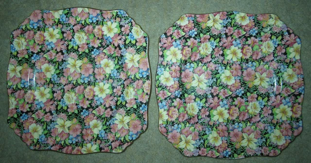 Vtg Royal Winton Grimwades Florence black chintz floral squared plates, 1958