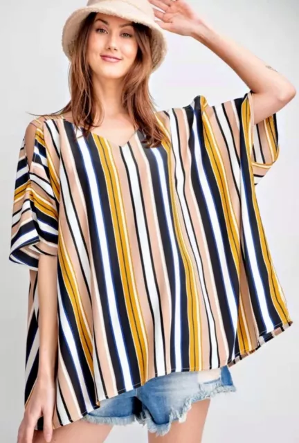 EASEL Cold Shoulder Multi Color Stripe Poncho Top size SMALL NWT