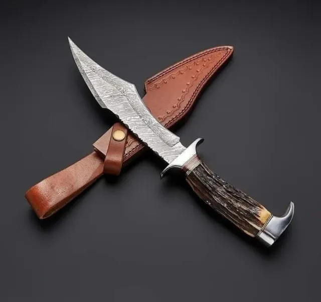 Beautiful Custom Hand Made Damascus Steel Hunting Bowie Knife Handle Stag Horn