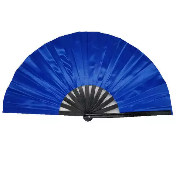 NEW Large Rave Blue Folding Bamboo Hand Fabric Fan Foldable Clack Festival Edm