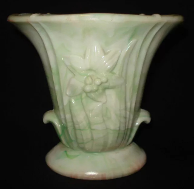 Vintage Akro Agate 658 Green White Slag Swirl Glass Lily Flower 4 ¼ Vase Planter
