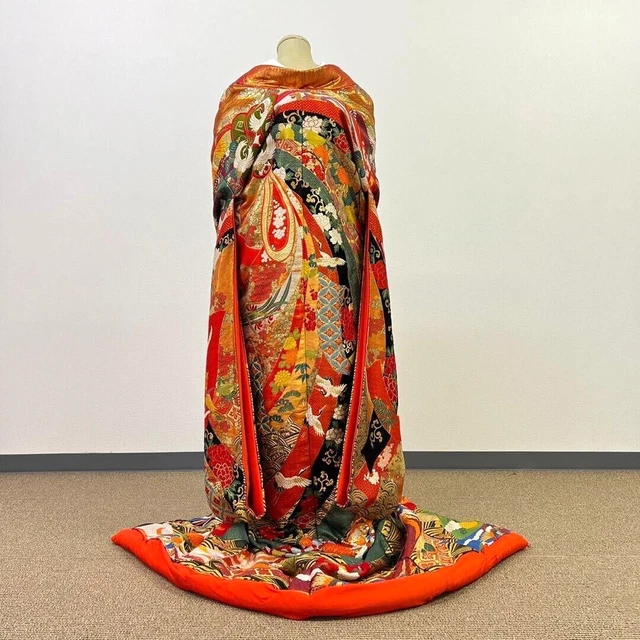 Japanese Silk Kimono Robe Uchikake Wedding Embroidery Orange Antique U23