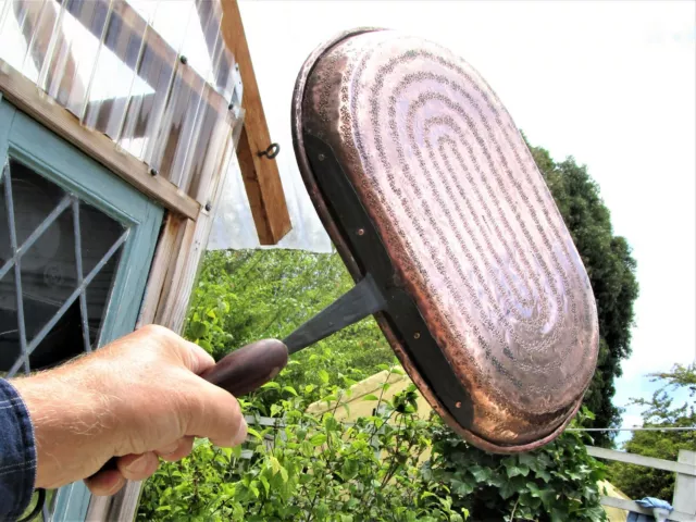 Vintage Switzerland Copper Pan Wrought Iron & Wood Handle marked Alla Monda