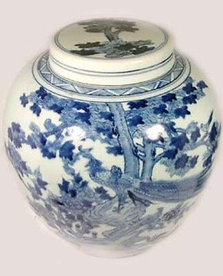 Antique Porcelain Blue + White Ming Style Vase Lid Peacocks in Tree 19thC China