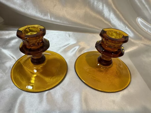 Vintage Set 2 Amber Depression Glass Candlestick Holders With Leaf Etching Base