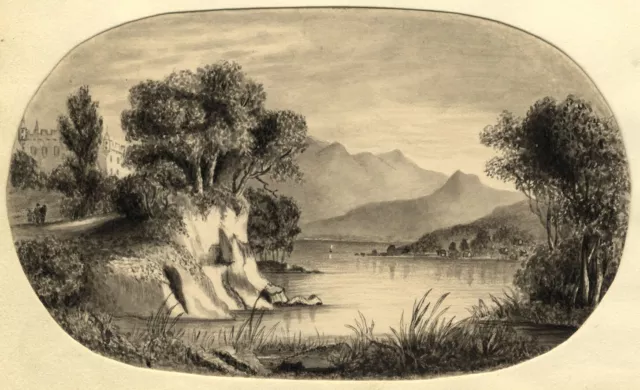 E.P., Lake View with Castle – mid-19th-century grisaille watercolour painting