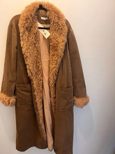 Penny Lane Ownley  Corduroy Fur Collar Coat Jacket Tan XXL/ size 16-18 plus 70s 2