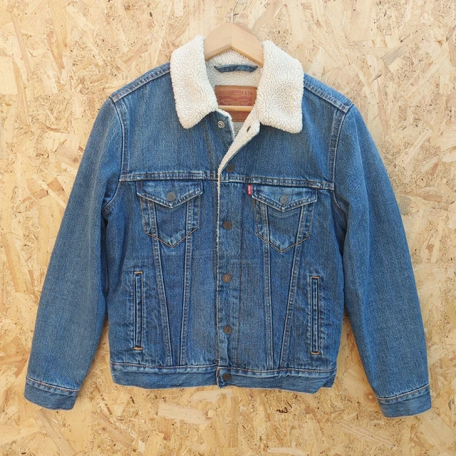 LEVIS Denim Jacket Mens Small Sherpa Lined Trucker Fleece 40116 Mid Blue UK S