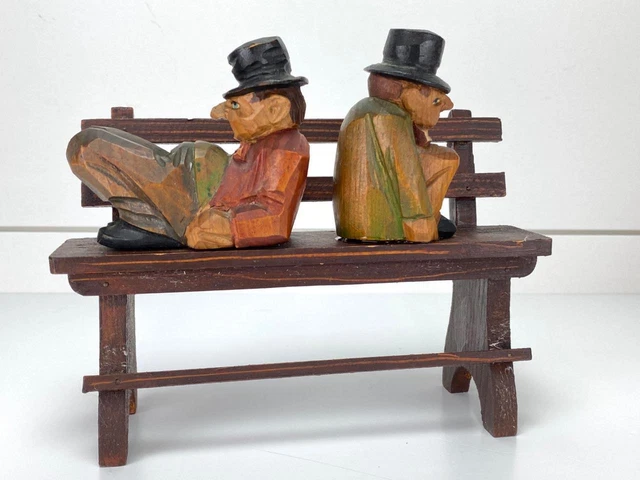 Vtg Hand Carved Wood Grumpy Men on Bench Anri Italy Figure Figurine Sculpture